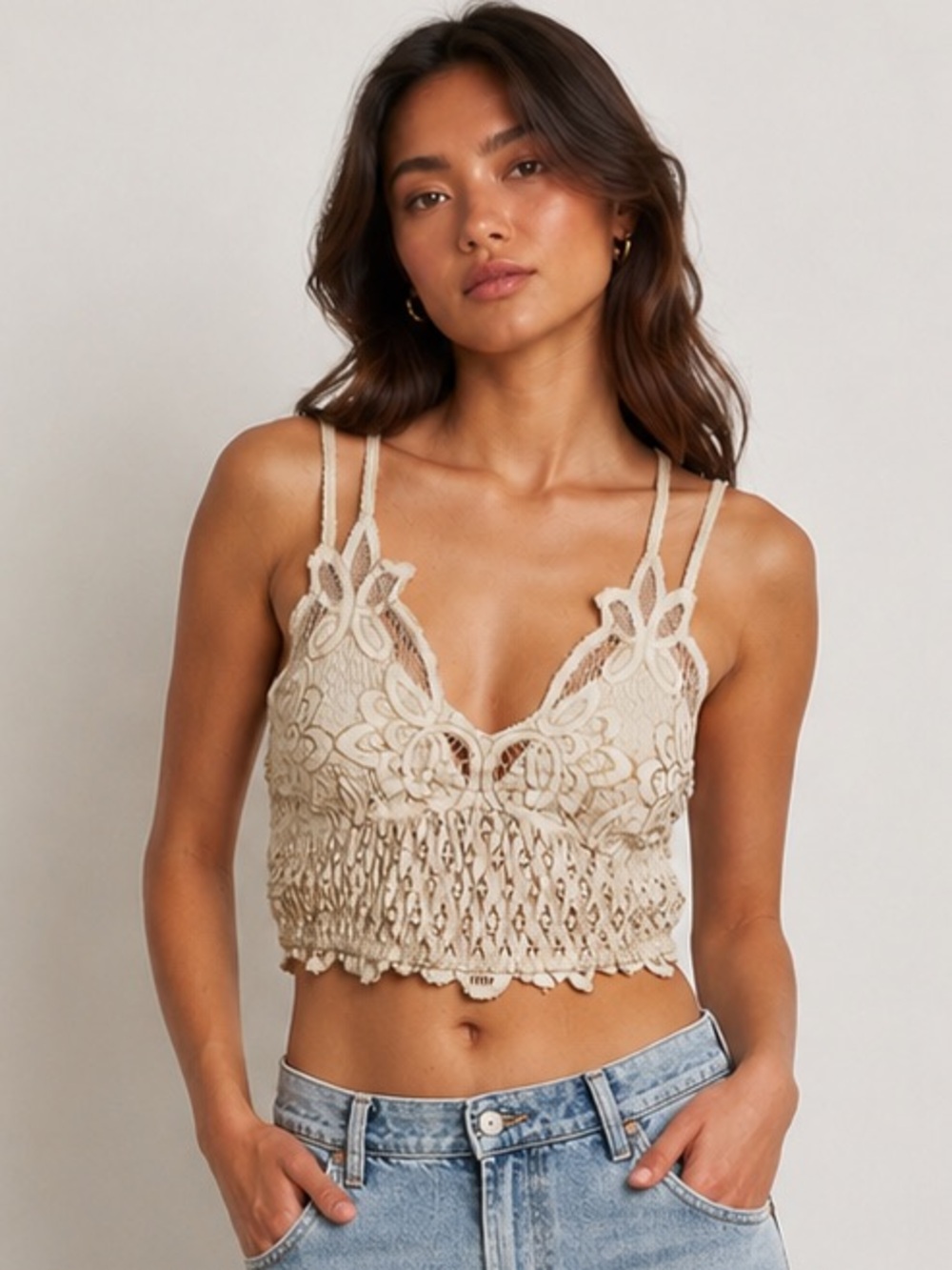 390. POL Women’s Taupe Drop Crochet Lace Crop Top NEW